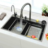 clayplus Waterfall and Pull-down Faucet/304 Grade Stainless Steel Multifunctional Waterfall Kitchen Sink 304 GRADE All in One 30x18 inch Vessel Sink(Diamond Black 2)