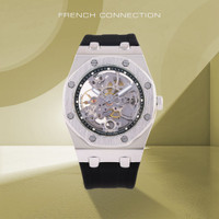 French Connection Men's Automatic Black Watch | Silver See Through Dial Analog Watch  - For Men