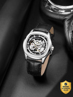 French Connection GEARION Silver Skeleton Round Dial | Black Leather Automatic Watch for Men Analog Watch  - For Men