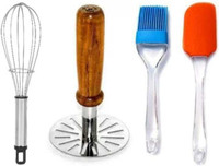 THE SF Balloon Whisk, Wooden Masher, Spatula and Brush Combo Stainless Steel Spiral Whisk(Pack of 4)