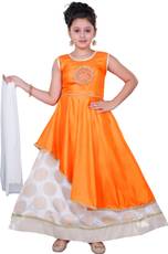 Saarah Girls Lehenga Choli Ethnic Wear Self Design Lehenga, Choli and Dupatta Set(Orange, Pack of 1)