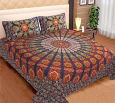 Metro Living Cotton Geometric Double Bedsheet(1 Double Bedsheet With 2 Pillow Cover, Navy Blue)