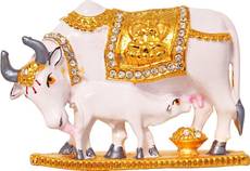ART N HUB Kamdhenu Cow And Calf Pooja Mandir Idol - Home Dcor Gift Statue Showpiece - 5 cm(Brass, Gold) Image