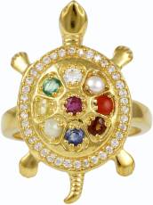 Exxotic Jewelz Navratna Tortoise Silver Cubic Zirconia, Pearl, Ruby, Sapphire 24K Yellow Gold Ring Image