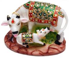 Sunvi Marwari Good Fortune Marble Minakari Kamdhenu Cow & Calf Showpiece - 7 cm Image