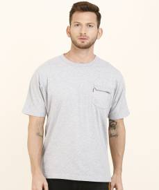 Solid Men Round Neck Grey T-Shirt Price in India