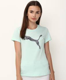 Graphic Print Women Round Neck Green T-Shirt Price in India