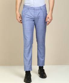 Regular Fit Men White, Blue Polyester Blend Trousers Price in India