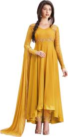 Fashionuma Faux Georgette Solid Gown/Anarkali Kurta & Bottom Material Price in India