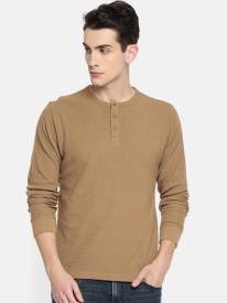 Solid Men Henley Neck Brown T-Shirt Price in India