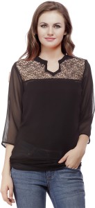 Mask Lifestyle Casual 3/4th Sleeve Solid Women's Black Top