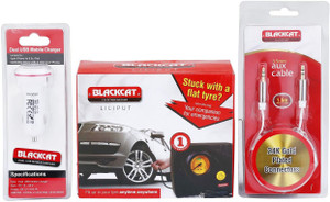 Black Cat Tyre Inflator Car Dual Usb Charger With 3 Pin Cable Aux