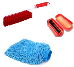 De AutoCare 3 in 1 Car Cleaning Kit of Multi-purpose Microfiber Gloves for washing, Carpet Cleaning Brush with Hard & Long Bristles, Magic Roller Seat Dust Clean Brush Combo