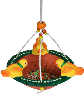 Exclusivelane Terracotta Handpainted Tray Bird Feeder Multicolor