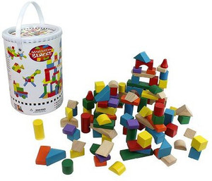 Right Track Toys Wooden Blocks - 100 Pc Wood Building Block Set with Carrying Bag and Container (Rainbow Colored) - 100% Real Wood