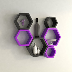 Ganeshaas Gphxd024bv Black N Purple Beehive Hexagon Floating MDF Wall Shelf