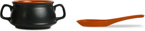 Caffeine Katori Soup With Spoon Ceramic in Black & Chocolate Brown Double Handled (Set of 1) Handmade Stoneware Bowl