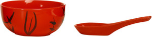 Caffeine Katori Soup With Spoon Ceramic in Glossy Red Leaf (Set of 1) Handmade Stoneware Bowl