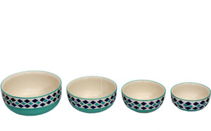 Stonish ceramic/handmade serving in sea green colour with blue diamond pattern Stoneware Bowl Set