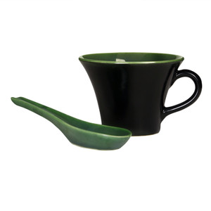 Caffeine Soup Mug with Spoon Ceramic in Black & Green Handmade Stoneware Bowl