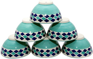 Stonish ceramic/handmade in sea green colour with blue diamond pattern Stoneware Bowl Set