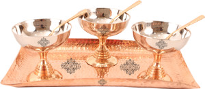 IndianArtVilla Set of 3 Ice Cream Desert Bowl with Spoon & 1 Pure Copper Tray Steel, Copper Bowl Set