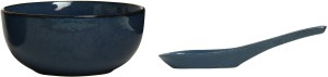 Caffeine Soup Katori With Spoon in Blue Mettalic (Set of 1) Handmade Stoneware Bowl