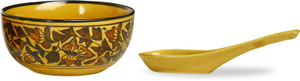 Caffeine Katori Soup With Spoon in Mustard Leaf (Set of 1) Handmade By Caffeine Stoneware Disposable Bowl