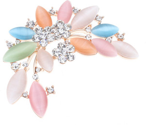 Golden Peacock Cat Eye Stone Floral Shaped Brooch Multicolor Best