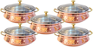 Indian Craft Villa Handmade High Quality Stainless Steel Copper Set Of 5 Casserole Dish Serving Indian Food Daal Curry Handi Bowl With Glass Lid Capacity 3500 ML for use Restaurant Home Garden Hotel Ware Gift Item Pack of 5 Casserole Set
