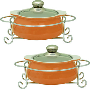 Rosa Italiano GUSTO CERAMIC HANDI (Serving Bowl) pack of 2 With Glass Lid & Chrome Finished Metal Stand Pack of 2 Casserole Set