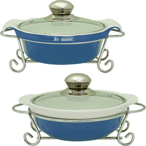 Rosa Italiano GUSTO CERAMIC HANDI (Serving Bowl) pack of 2 With Glass Lid & Chrome Finished Metal Stand Pack of 2 Casserole Set
