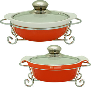 Rosa Italiano GUSTO CERAMIC HANDI (Serving Bowl) pack of 2 With Glass Lid & Chrome Finished Metal Stand Pack of 2 Casserole Set