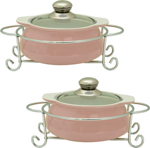 Rosa Italiano GUSTO CERAMIC HANDI (Serving Bowl) pack of 2 With Glass Lid & Chrome Finished Metal Stand Pack of 2 Casserole Set