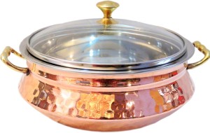Indian Craft Villa Handmade High Quality Stainless Steel Copper Casserole Dish Serving Indian Food Daal Curry Handi Bowl With Glass Lid Capacity 1250 ML for use Restaurant Home Garden Hotel Ware Gift Item Casserole