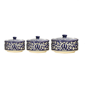 Caffeine Serving Donga Ceramic in Blue Mughal Combo (1 Large, 1 Medium & 1 Small) (Set of 3) Casserole Set