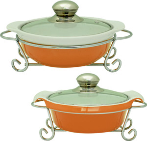 Rosa Italiano GUSTO CERAMIC HANDI (Serving Bowl) pack of 2 With Glass Lid & Chrome Finished Metal Stand Pack of 2 Casserole Set