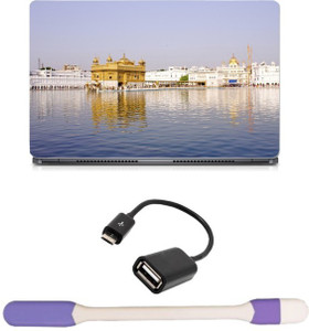 Skin Yard Golden Temple Full View Laptop Skin -14.1 Inch with USB LED Light & OTG Cable (Assorted) Combo Set