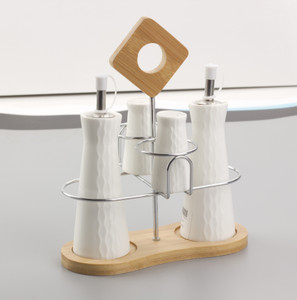 MOM Italy Tower Cruet Set with Bamboo/SS Stand 5 Piece Oil & Vinegar Set