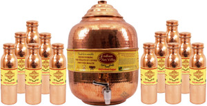 IndianArtVilla Copper Set of 1 Water Pot with 12 Leak Proof Water Bottle - 22300 ml Copper Multi-purpose Storage Container