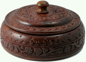 MartCrown Woodeen Carving Dry Fruits / Masala Box Round Shape - 500 ml Wooden Spice Container