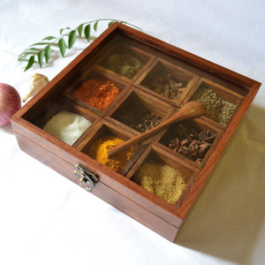 Craftsman Masala Box /Dabba/Hand Crafted With Lid - 1.5 L Wooden Spice Container