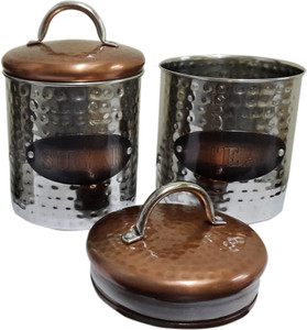Dynore 2 pcs Hammered Tea & Sugar set with Top copper plating - 1 L Stainless Steel Multi-purpose Storage Container