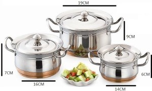 Mahavir 3pc Stainless Steel Cook & Serve Set Copper Bottom Cookware Set