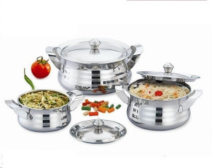 Mahavir 3pc Stainless Steel Cook & Serve Silver Touch Model Cookware Set
