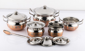 Mahavir Stainless Steel Design Copper Cook N Serve Set Cookware Set