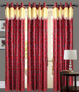 New Ladies Zone Polyester Red Floral Eyelet Door Curtain