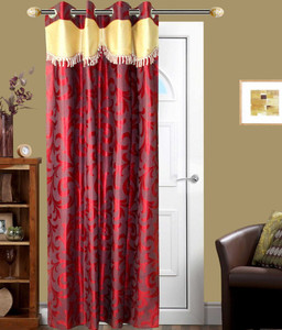 New Ladies Zone Polyester Red Floral Eyelet Door Curtain