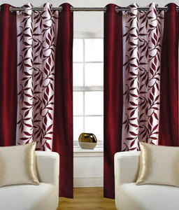 Optimistic Home Furnishing Polyester Maroon Floral Eyelet Door Curtain