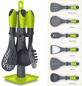 HOME PUFF 6-Piece Kitchen Utensil Set with Carousel Holder: Safe for Non-Stick Cookware PTFE (Non-stick), Stainless Steel Cutlery Set